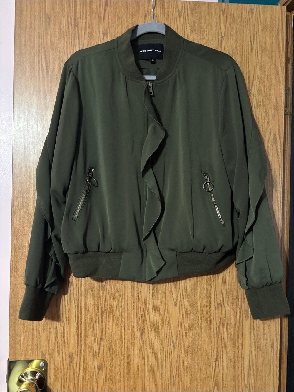 Who What Wear Olive Green Ruffle-Front Bomber Jacket